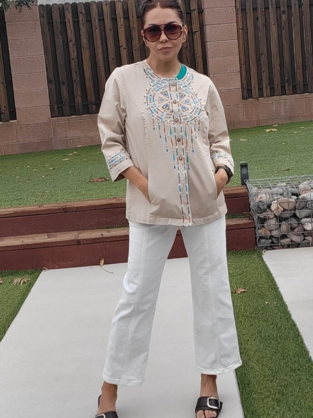 Bob Mackie Wearable Art Beige Embroidered Button Front Jacket Women's Medium